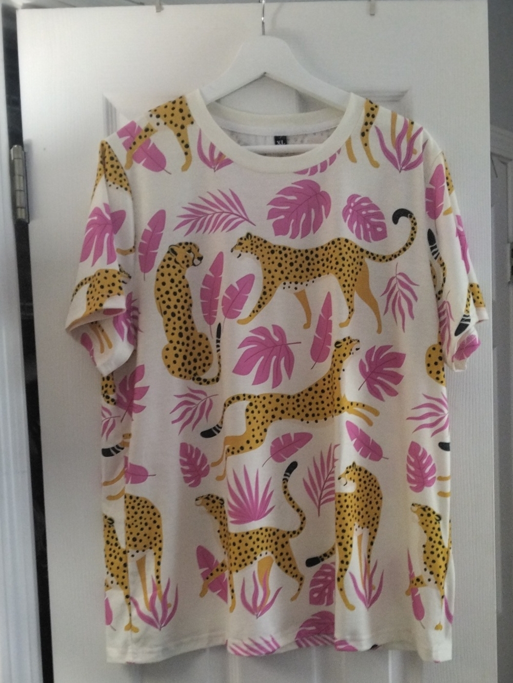 Ladies Cream T‑Shirt with Pink Leaf & Yellow Cheetah Print